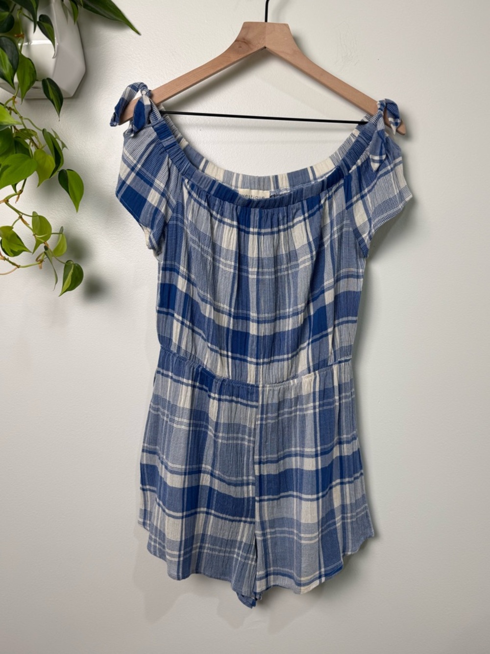 Vestique Blue Plaid Off-Shoulder Women's Shorts Romper Size M Summer Beach Boho